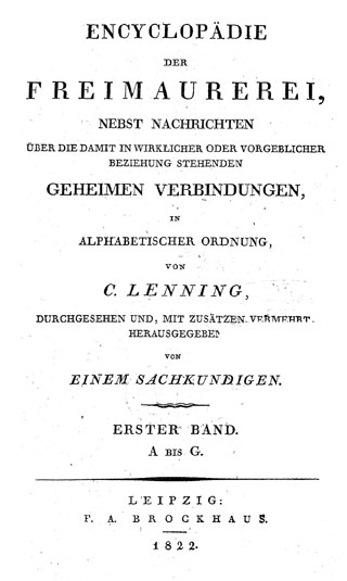Titelblatt aus: Encyclopädie der Freimaurerei. Von C. Lenning. (UB Freiburg, F 778,wm-1/3)