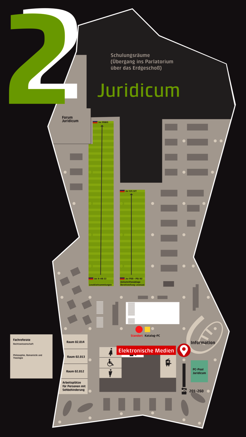Übersichtsplan 2. Obergeschoss mit Navi-Station im Lesesaal