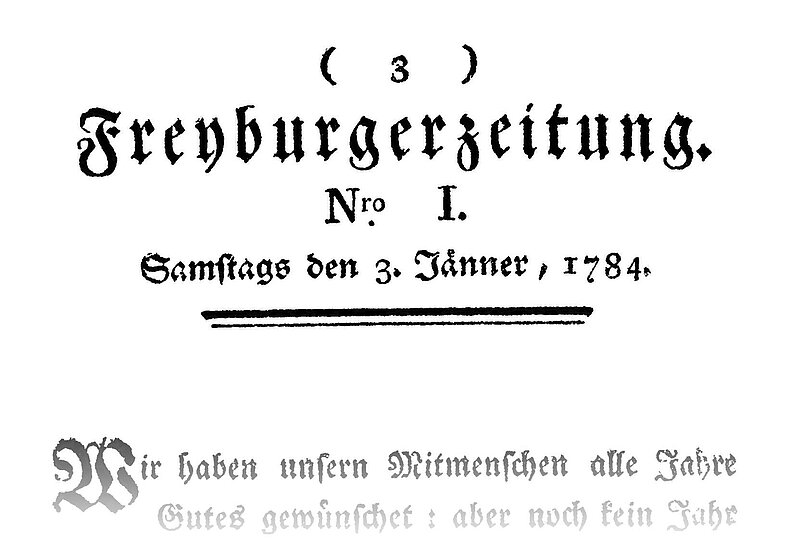 Titelei der ersten Ausgabe der Freyburgerzeitung vom Samstag, 3. Jänner 1784