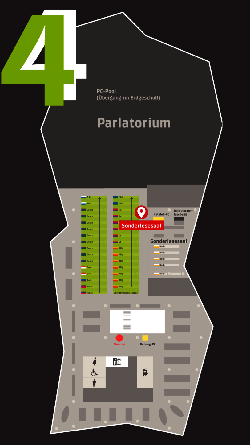 Übersichtsplan 4. Obergeschoss mit Navi-Station im Lesesaal