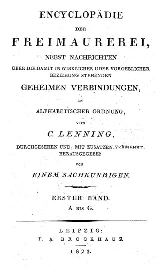 Titelblatt aus: Encyclopädie der Freimaurerei. Von C. Lenning. (UB Freiburg, F 778,wm-1/3)
